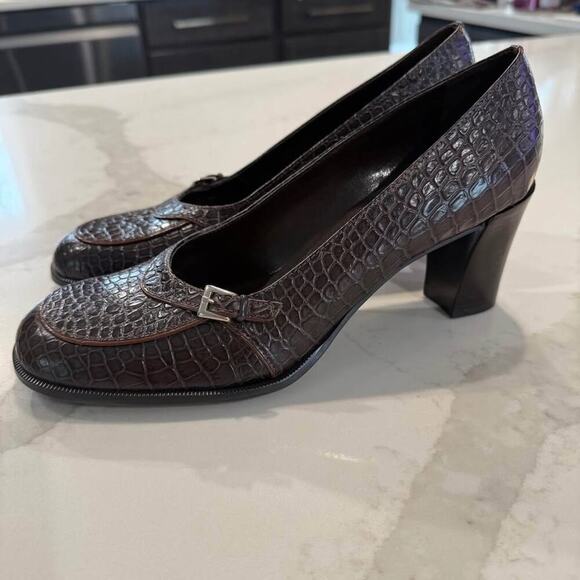 Franco Sarto NWOT Alligator Print Embossed Brown Leather Pump Heels Women’s 8 - Picture 1 of 9
